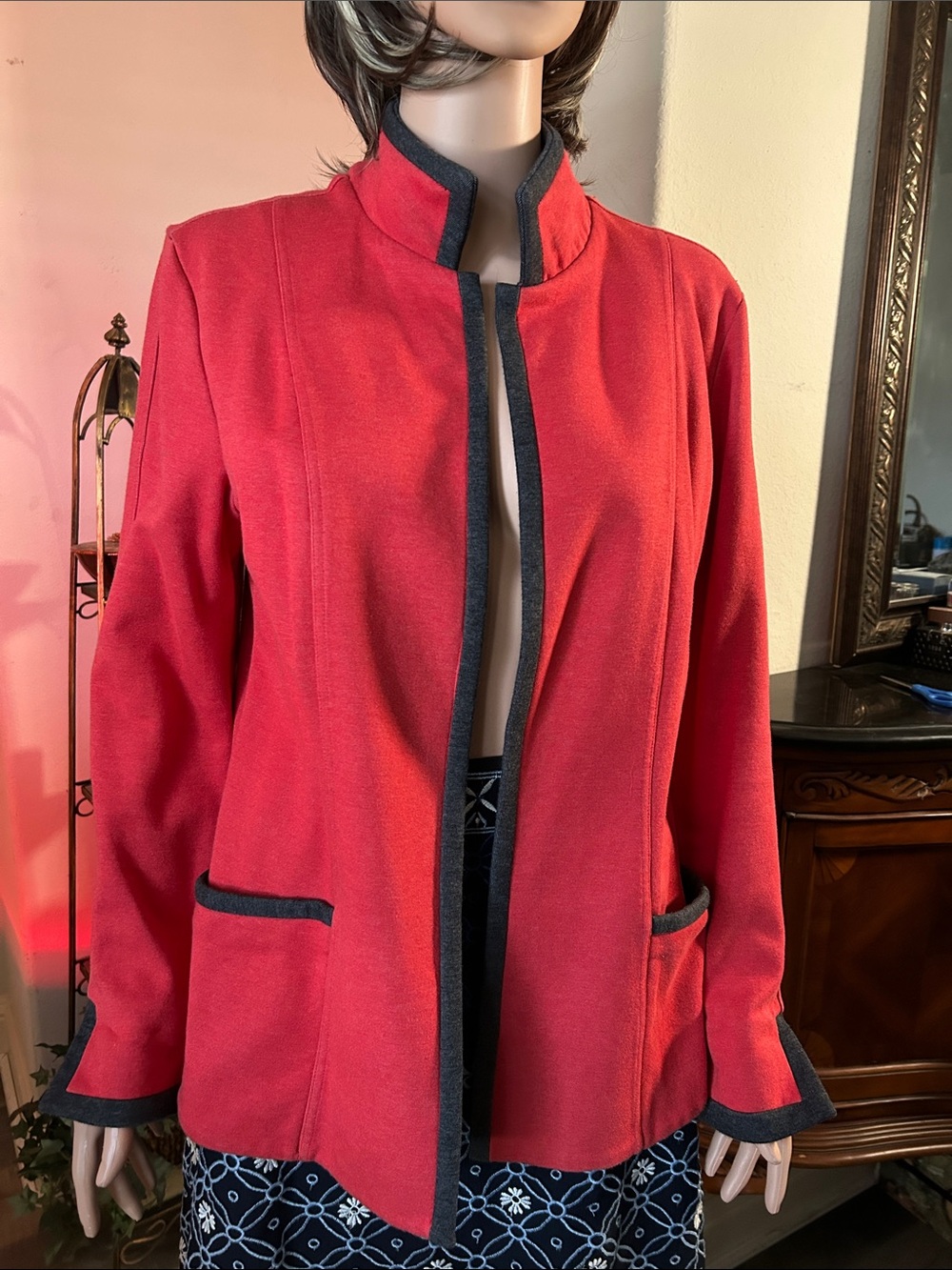 Neiman Marcus Red Open-Front Jacket with Black Trim